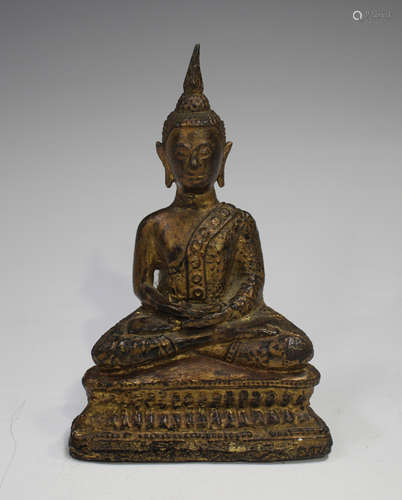 A Thai gilt bronze figure of Buddha, modelled seated in dhya...