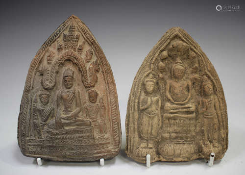 Two Thai pottery votive plaques/tablets, each moulded in rel...