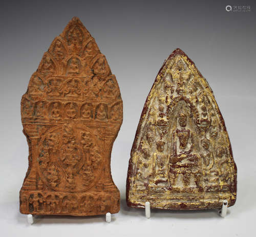 Two Thai pottery votive plaques/tablets, each of arched form...