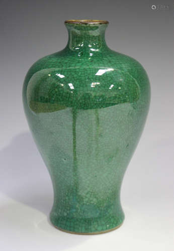 A Chinese green crackle glazed porcelain meiping shaped vase...