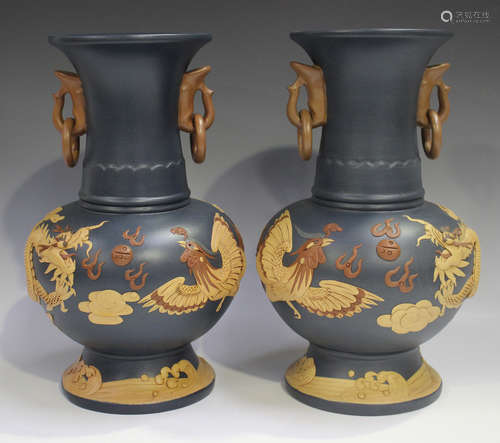 A pair of Chinese blue ground Yixing stoneware vases, each g...