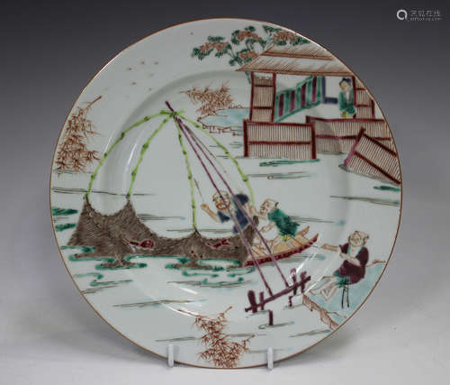 A Chinese famille rose fisherman pattern export style porcel...