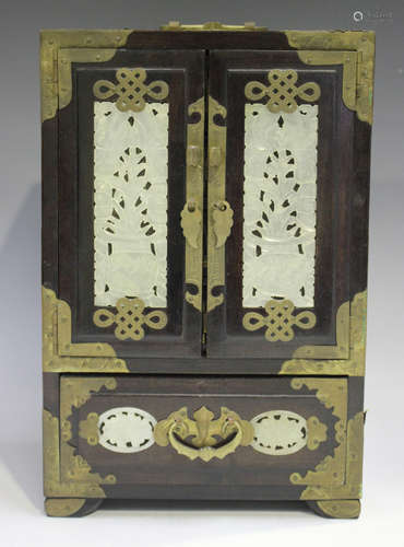 A Chinese brass and hardstone mounted hardwood table top cab...