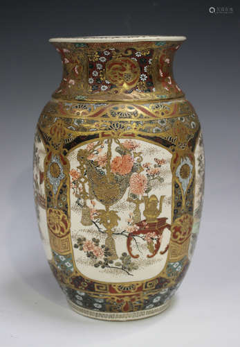 A Japanese Satsuma earthenware vase, Meiji period, the ovoid...