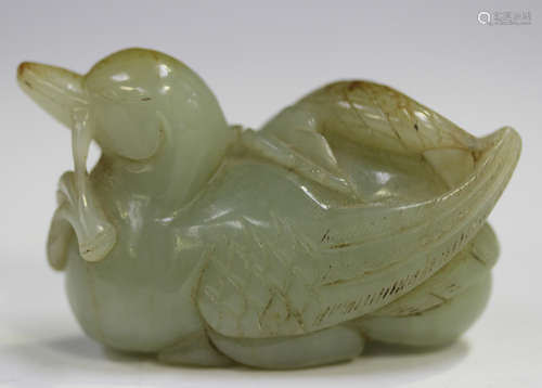 A Chinese celadon jade carving of a duck, Qing dynasty, mode...