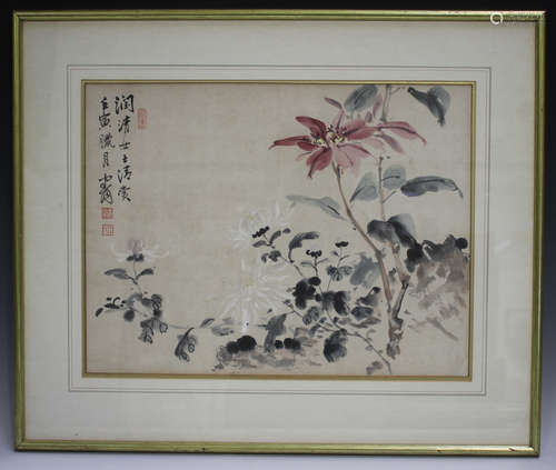 A Chinese watercolour painting, 20th century, depicting flow...