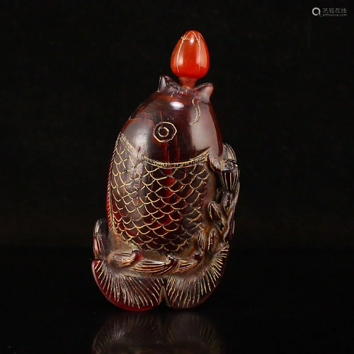 Vintage Chinese Ox Horn Carved Fish Shape Snuff Bottle