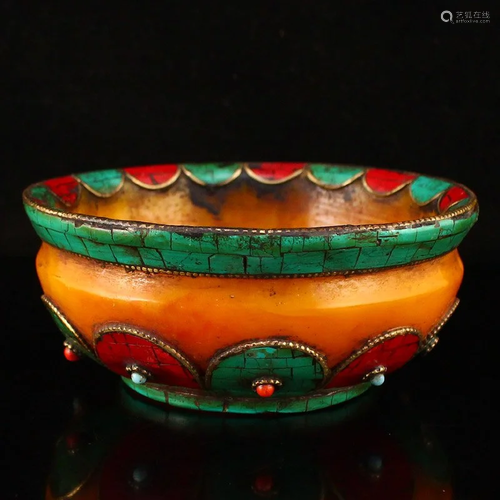 Vintage Tibetan Amber Inlay Turquoise & Gem Bowl