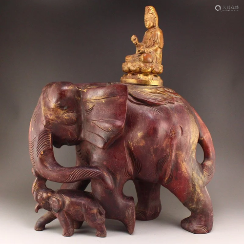 4Kg Gilt Gold Lacquerware Kwan-Yin & Elephant Statue