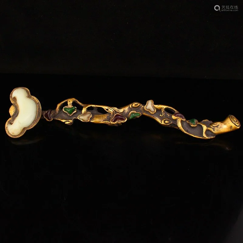 Chinese Gilt Gold Bronze Inlay Jade Ruyi Scepter Statue