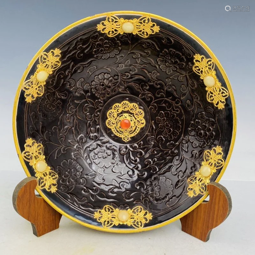 Gilt Gold Ding Kiln Inlay Gems Porcelain Bowl