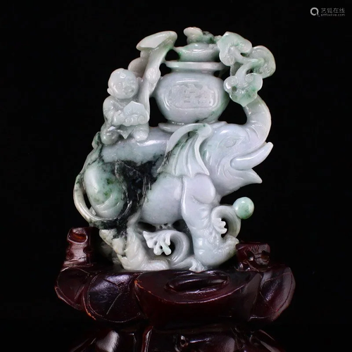 Natural Jadeite Elephant & Fortune Kid Statue