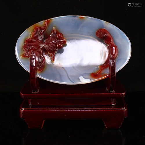 Chinese Agate Low Relief Lotus Flower & Goldfish Plate