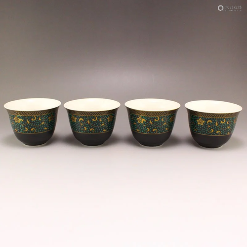 A Set Four Chinese Gilt Gold Black Glaze Porcelain Cups