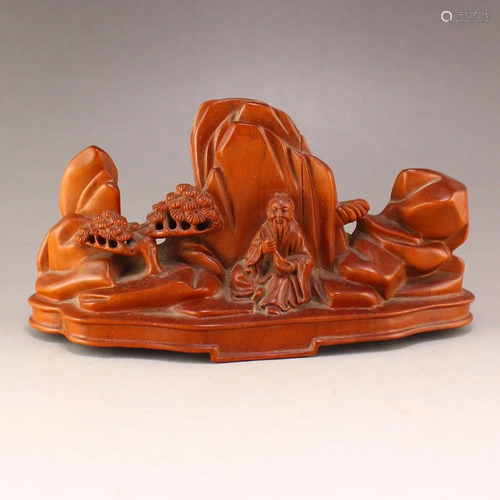 Chinese Boxwood Wood Carved Pine Tree & Sage Statue