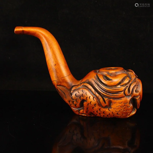 Vintage Chinese Boxwood Wood Beast Head Tobacco Pipe