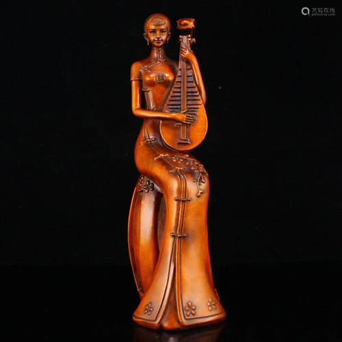 Chinese Boxwood Wood Music Woman Statue