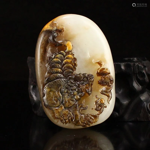 Chinese Natural Hetian Jade Tiger & Bat Pendant