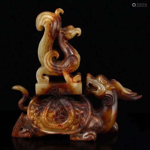 Vintage Hetian Jade Dragon Turtle & Phoenix Statue