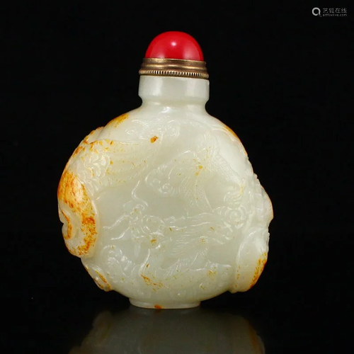 Qing Hetian Jade Low Relief Dragon Phoenix Snuff Bottle