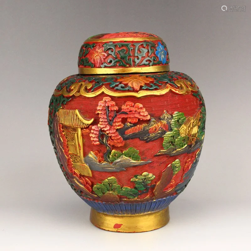 Chinese Gilt Gold Lacquerware Village Scene Tea Caddy