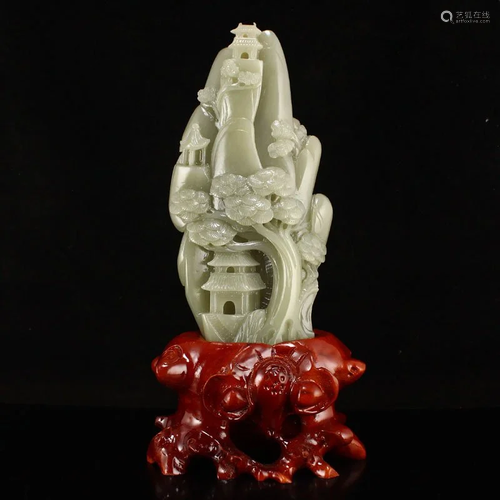 Chinese Natural Hetian Jade Pine Tree Scenery Statue