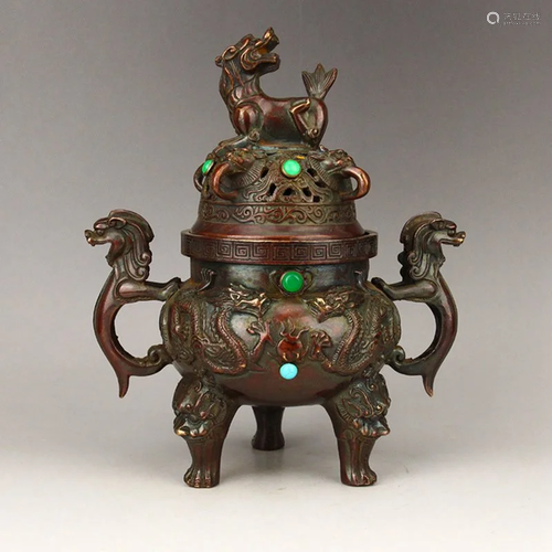 Chinese Red Copper Inlay Gem Double Ears Incense Burner