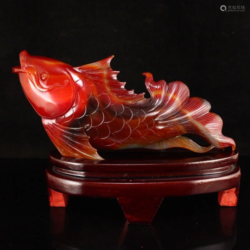 Chinese Red Agate Fortune Fish Statue w Certificate