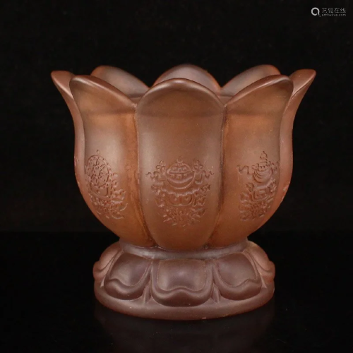 Chinese Peking Glass Buddhism Lotus Shape Oil Lamp