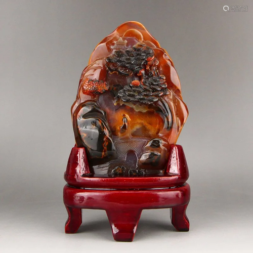 Chinese Natural Agate Figure & Pine Tree Statue