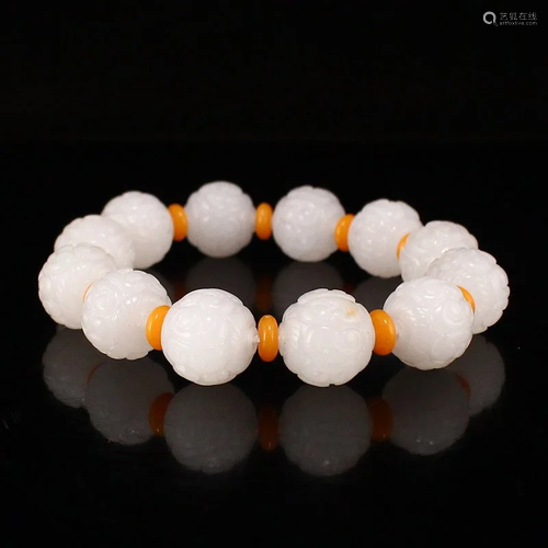 Chinese White Jade Beads Bracelet