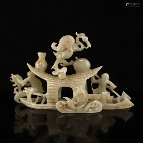 Openwork Chinese Qing Hetian Jade Figure & Boat Statue