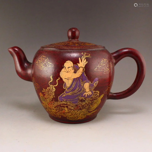 Lacquerware Laughing Dragon & Arhat Zisha Clay Teapot