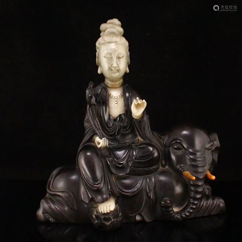 Zitan Wood Inlay Shoushan Stone Samantabhadra Statue