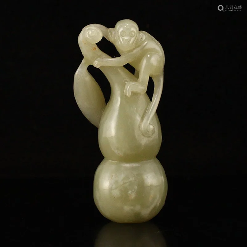 Vintage Chinese Hetian Jade Gourd & Monkey Pendant