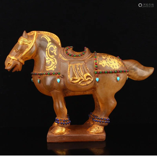 Gilt Gold Crystal Inlay Gem Fortune Horse Statue