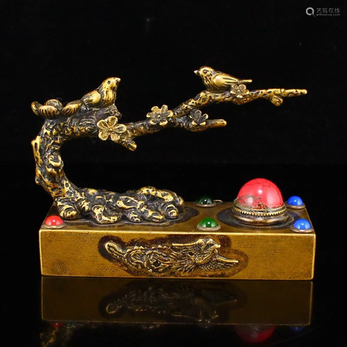 Chinese Brass Inlay Gem Plum Flower & Bird Seal