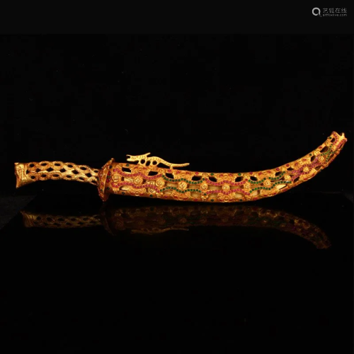 Superb Chinese Gilt Gold Red Copper Inlay Gems Katana