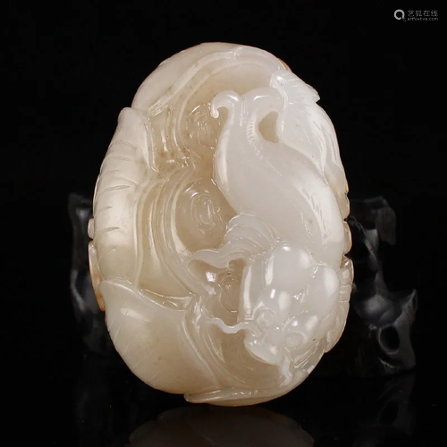 Hand Carved Hetian Jade Lotus Pod & Catfish Pendant