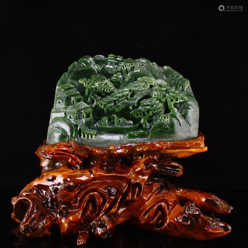 Green Hetian Jade Pine Tree & Figure & Boat Statue