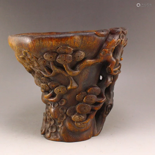 Vintage Ox Horn Low Relief Pine Tree Sacrifice Cup