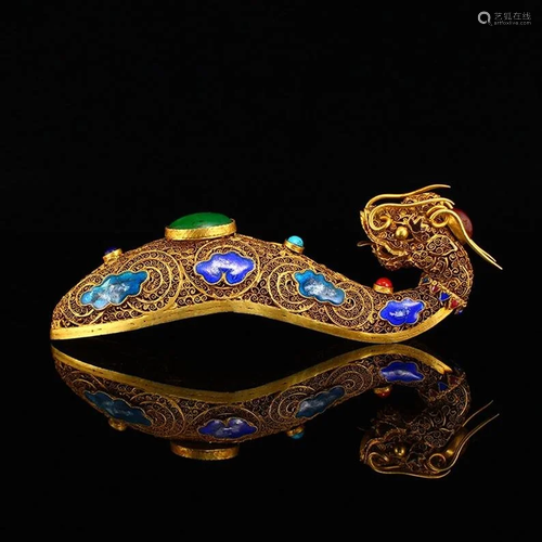 Gold Wire Enamel Inlay Gem Dragon Head Belt Buckle