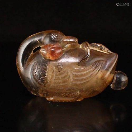 Chinese Hand Carved Crystal Goose Shape Snuff Bottle