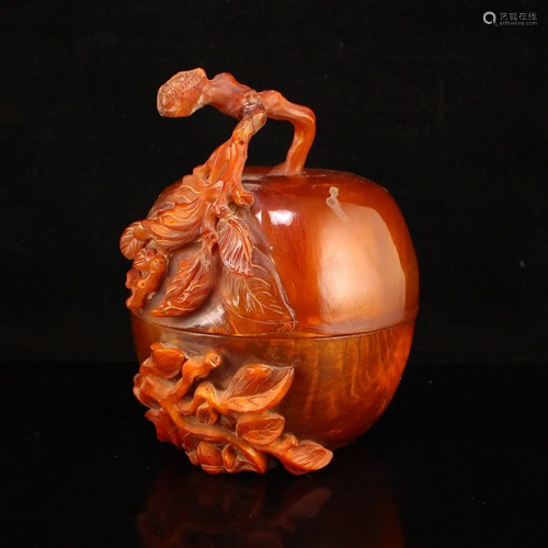 Vintage Chinese Ox Horn Carved Apple Shape Box