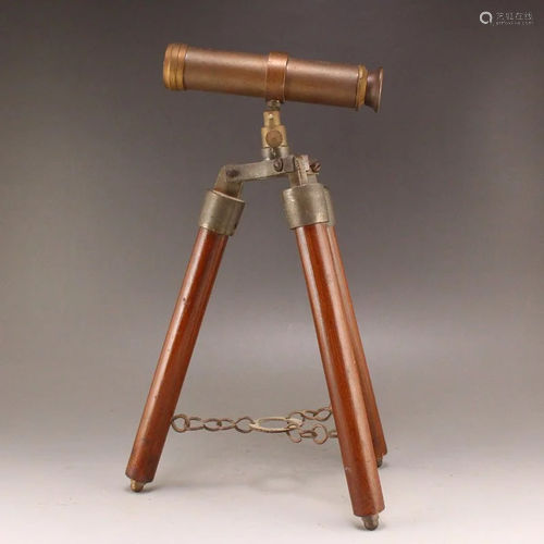 Vintage Brass Inlay Wood Telescope w Boxwood Wood Shelf