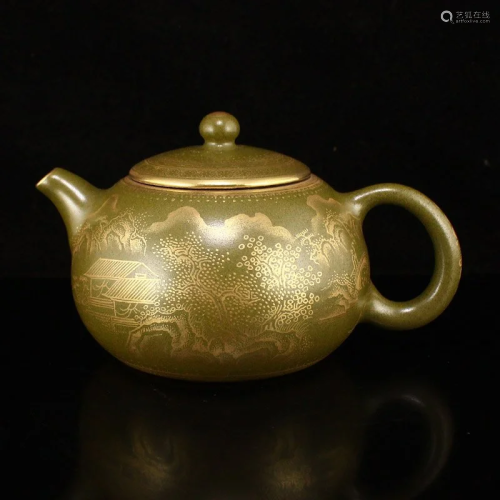 Qing Dy Gilt Gold Tea Dust Glaze Porcelain Teapot