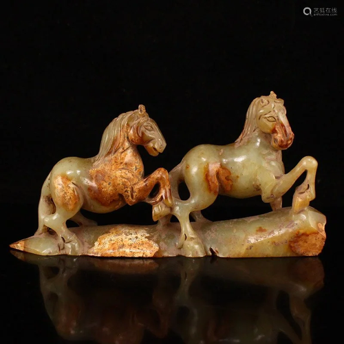 Vintage Chinese Hetian Jade Double Horse Statue