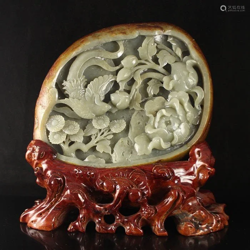 Chinese Natural Hetian Jade Peony & Magpie Statue