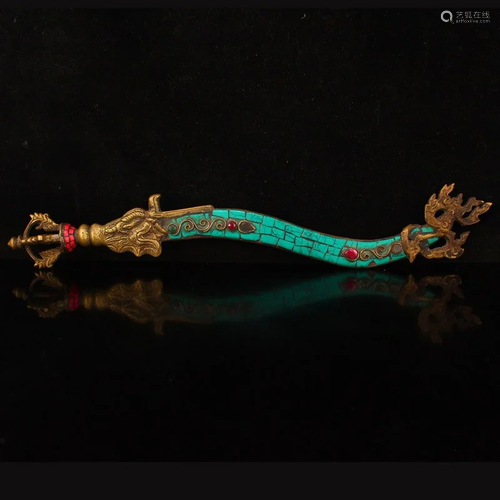 Gilt Gold Bronze Inlay Turquoise & Gem Blaze Knife