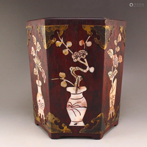 Vintage Chinese Zitan Wood Inlay Shell Brush Pot